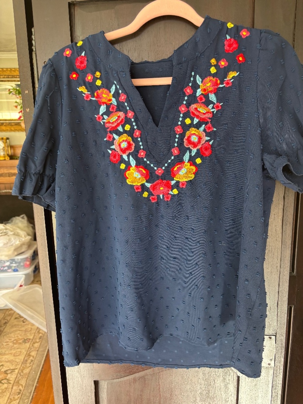 SHEIN embroidered navy blouse. Never worn! Size large